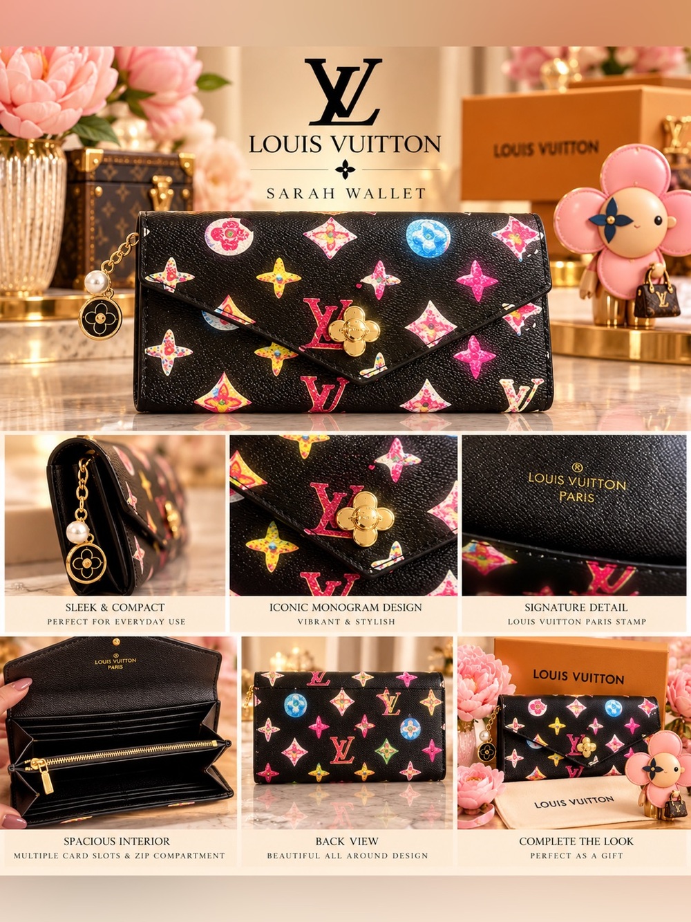 Black Multicolor Monogram Wallet Clutch